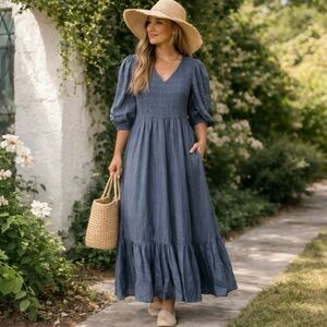 Sea New York Maxi Dress Smocked Tiered Puff Balloon Sleeves Cottagecore Linen